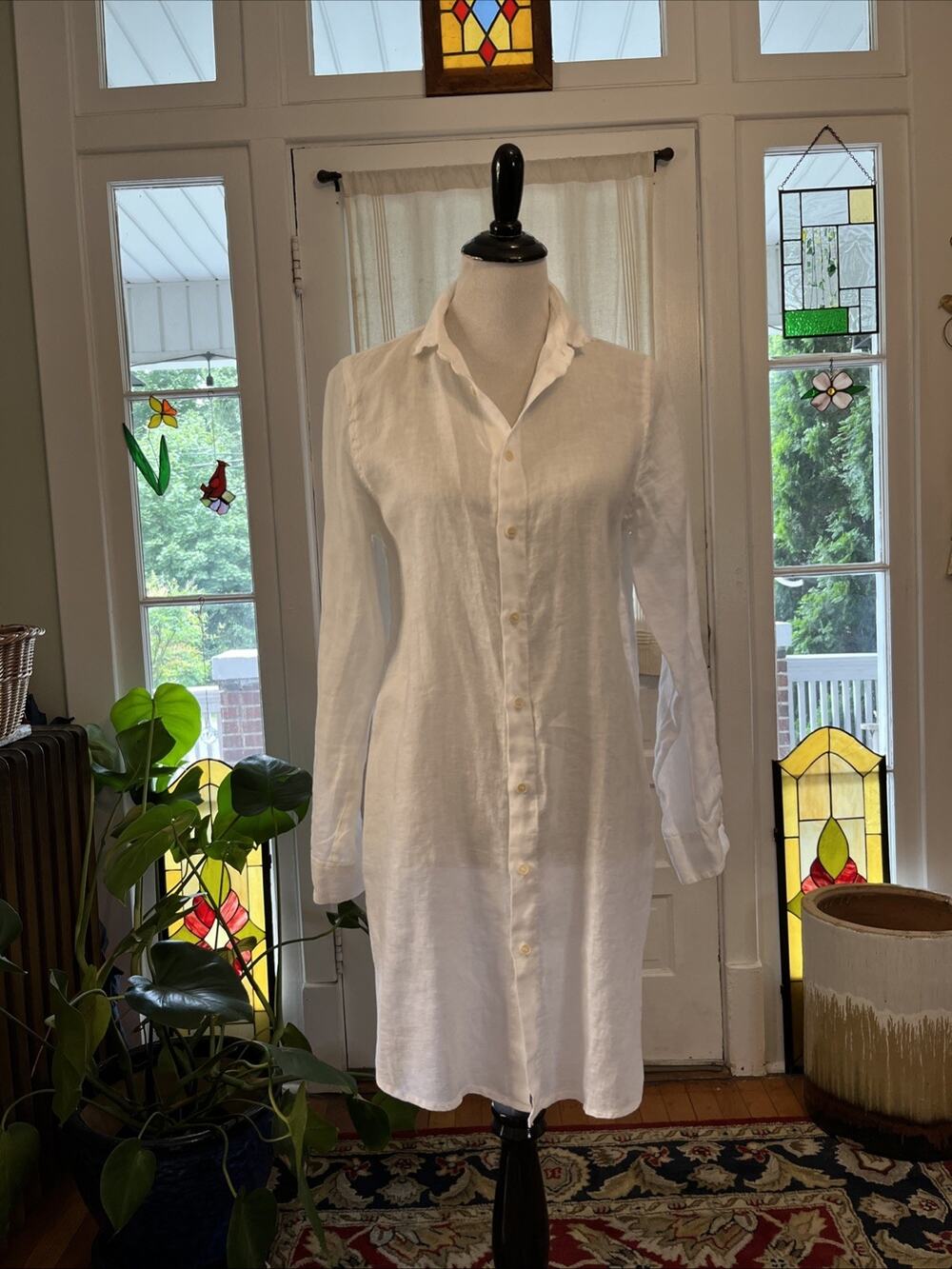 CP Shades S Tunic Shirt White 100% Linen Longer Length Button Down Boho Coastal